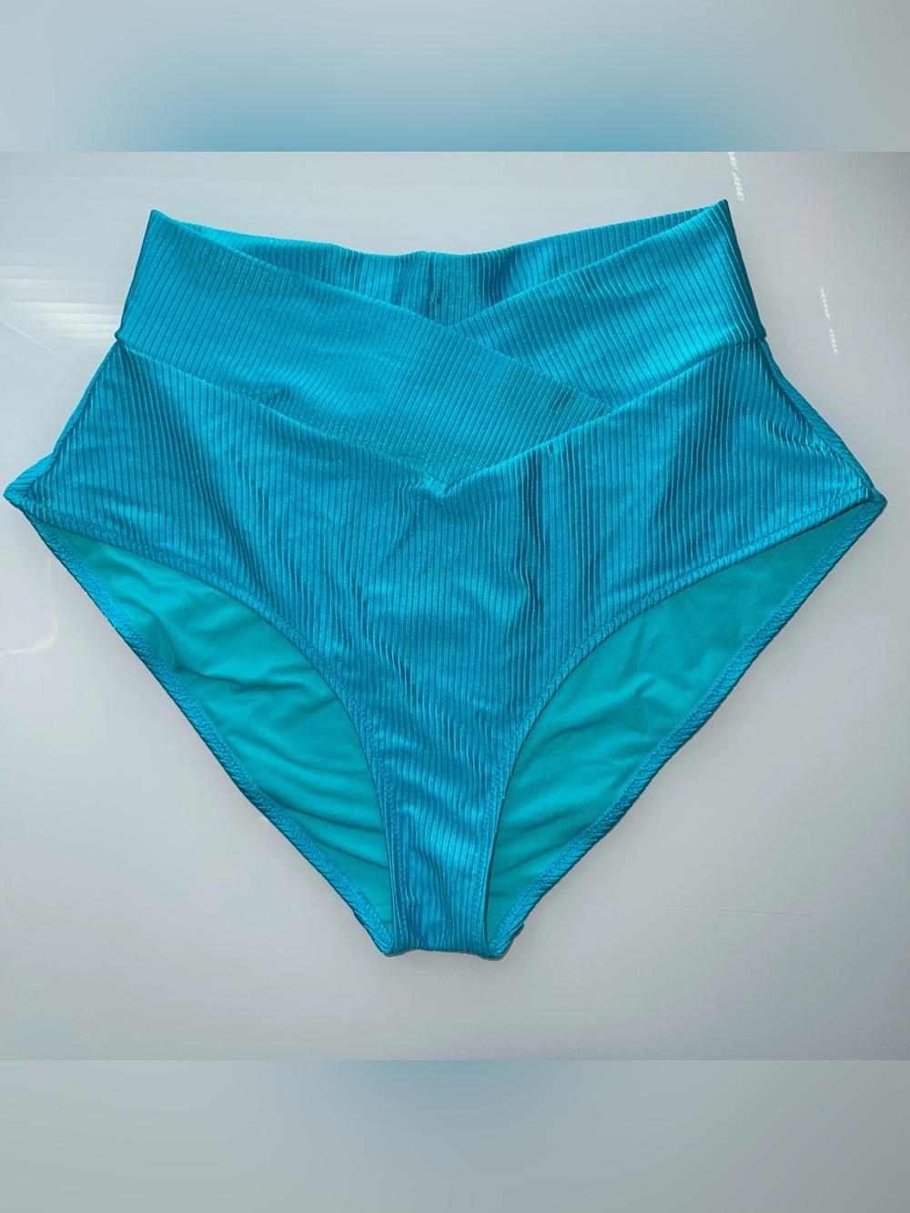Aerie Shine Rib Crossover High Waisted Bikini Bottom in Candy Blue